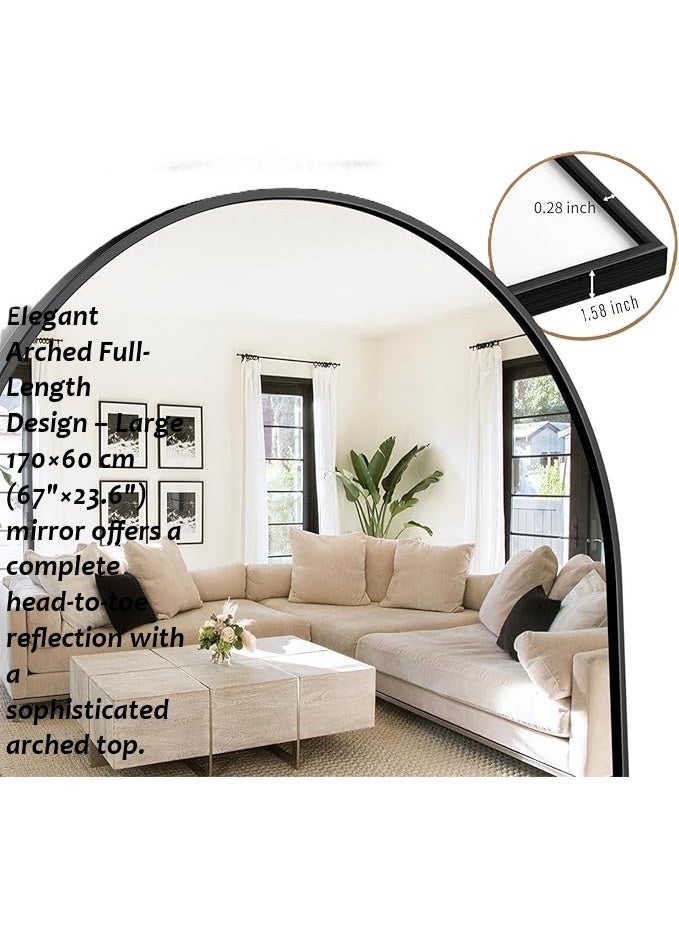 Vphom Arched Full Length Floor Mirror 170×60cm (67"×23.6") with Black Aluminum Frame, Full Body Wall-Mounted or Leaning Mirror with Stand – Modern Vertical Accent Mirror for Bedroom, Dressing Room, Living Room & Hallway - Image 5